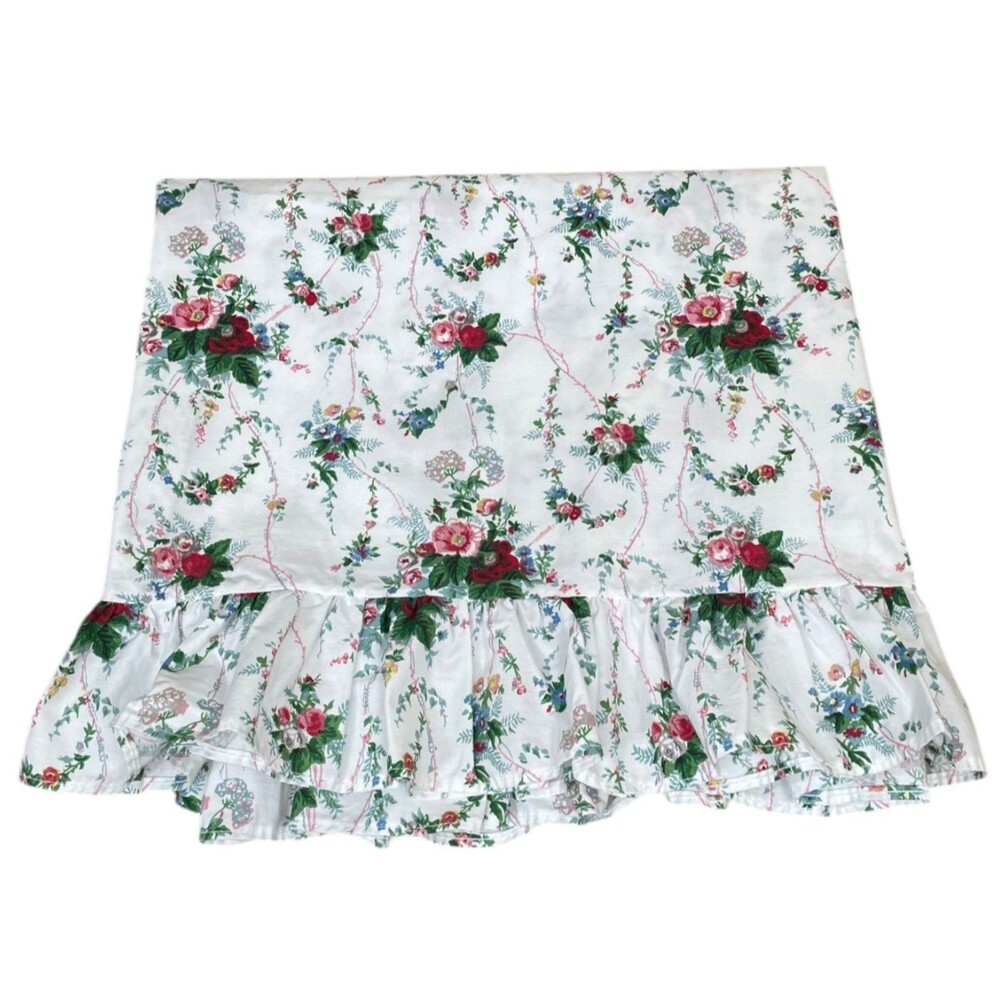 Vintage Ralph Lauren Blaine Twin Flat Sheet Ruffle Roses Floral Cottage Cotton